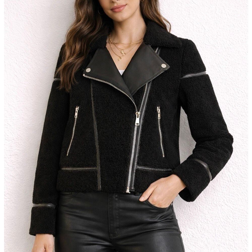 Joie black faux leather boucle Sherpa moto style jacket size small